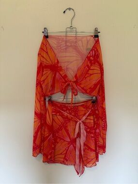 iHeartRaves Red & Orange Sheer Tie-Front Mini Skirt Set